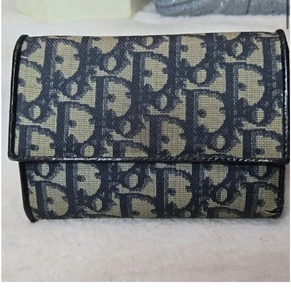 Authentic Christian Dior Beautiful Navy Blue and Beige Monogram Logo Wallet